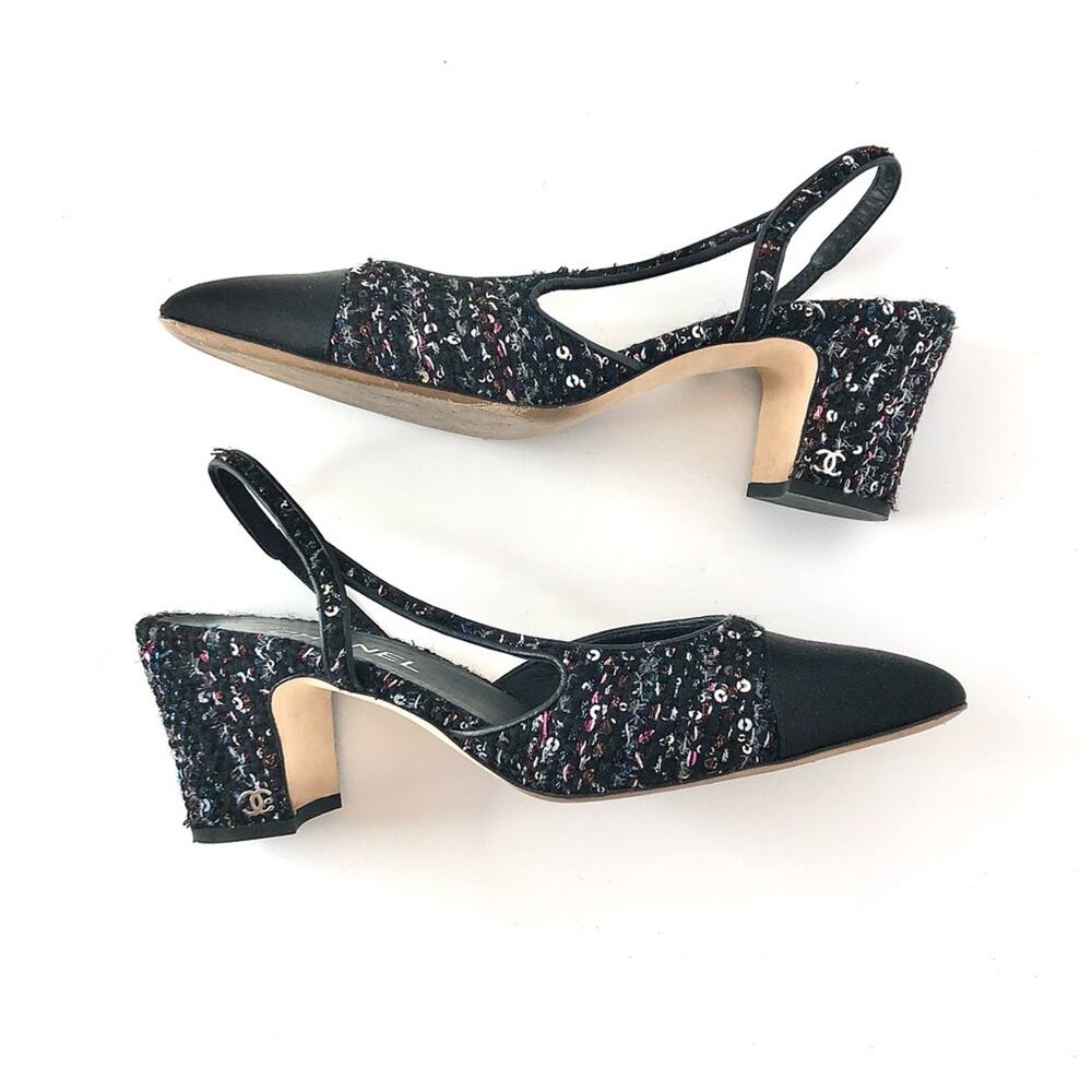 Chanel Black and Sequin Tweed Cap Toe CC Logo Slingback Pumps 40.5 - Picture 5 of 9